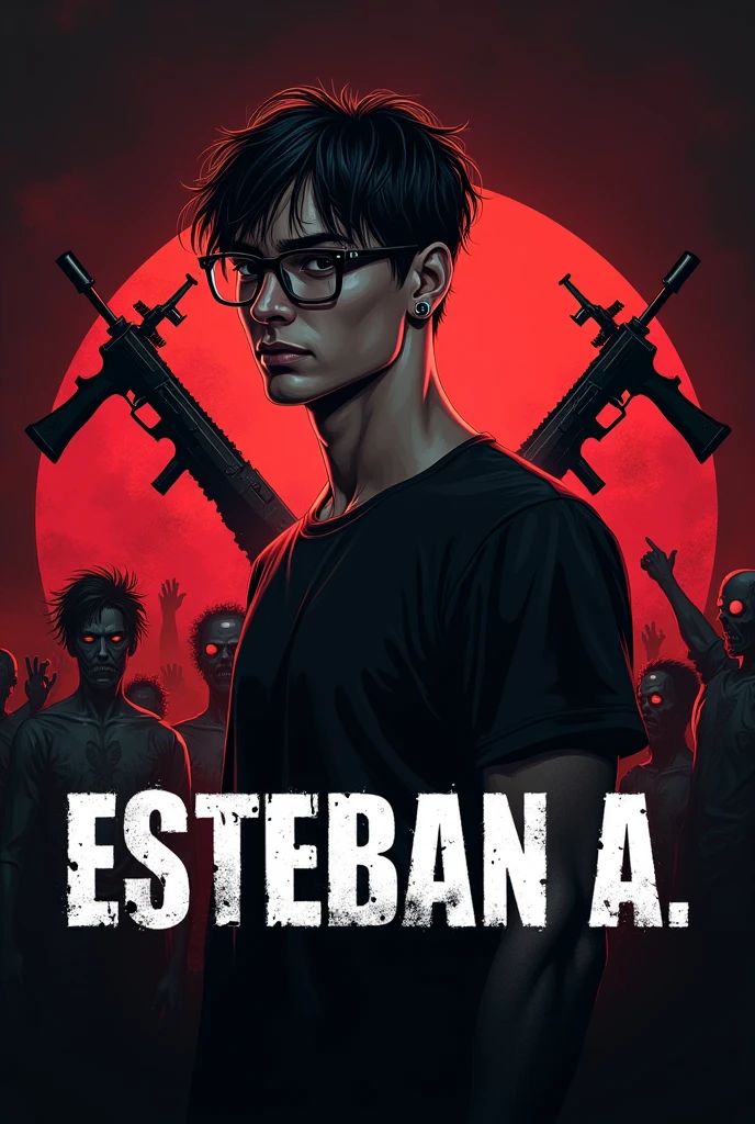 A logo "Esteban A. " with weapon symbols in the background and Zombies in the red and black background, a boy with slightly long hair who looks manly, with earrings in the ear with a black t-shirt and with glasses