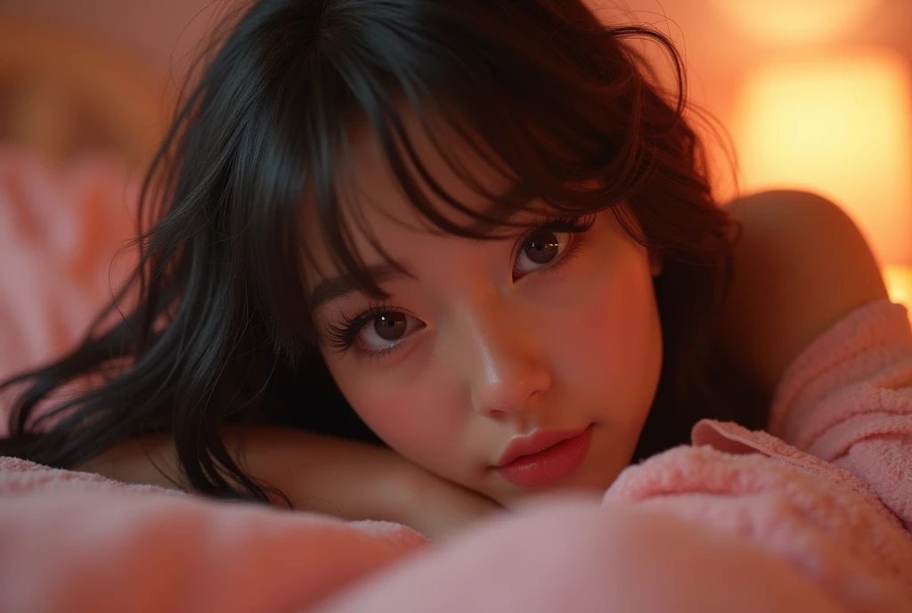 ((captured from behind)), a 20 year old girl laying on her side on a cute girly bed, wearing skimpy pajamas, unaware of the camera, not looking at the camera, night scene, highly detailed, photorealistic, 8K, HDR, soft lighting, warm colors, beautiful detailed face and eyes, long eyelashes, glowing skin, intricate details, aesthetic, erotic, sensual, suggestive, gorgeous