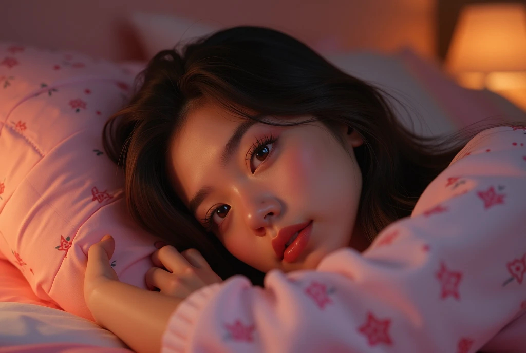 ((captured from behind)), a 20 year old girl laying on her side on a cute girly bed, wearing skimpy pajamas, unaware of the camera, not looking at the camera, night scene, highly detailed, photorealistic, 8K, HDR, soft lighting, warm colors, beautiful detailed face and eyes, long eyelashes, glowing skin, intricate details, aesthetic, erotic, sensual, suggestive, gorgeous