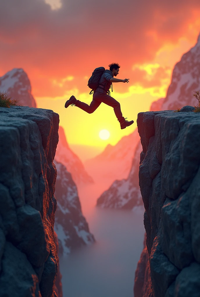 Create an image of a single man, black hair and 3, mountaineer dress, jumping from one edge of a mountain to the right to another edge, with 3 meters distance. Both edges at the same height. And with a sunset in the background