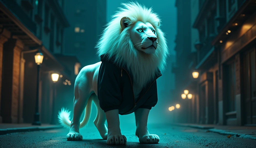 White lion with aquamarine mane with aquamarine eyes, white tail with the appearance of aquamarine mane , that he is dressed in a black jacket and black pants that looks like a rapper standing on two legs on the street at night with an urban background that gets publicity