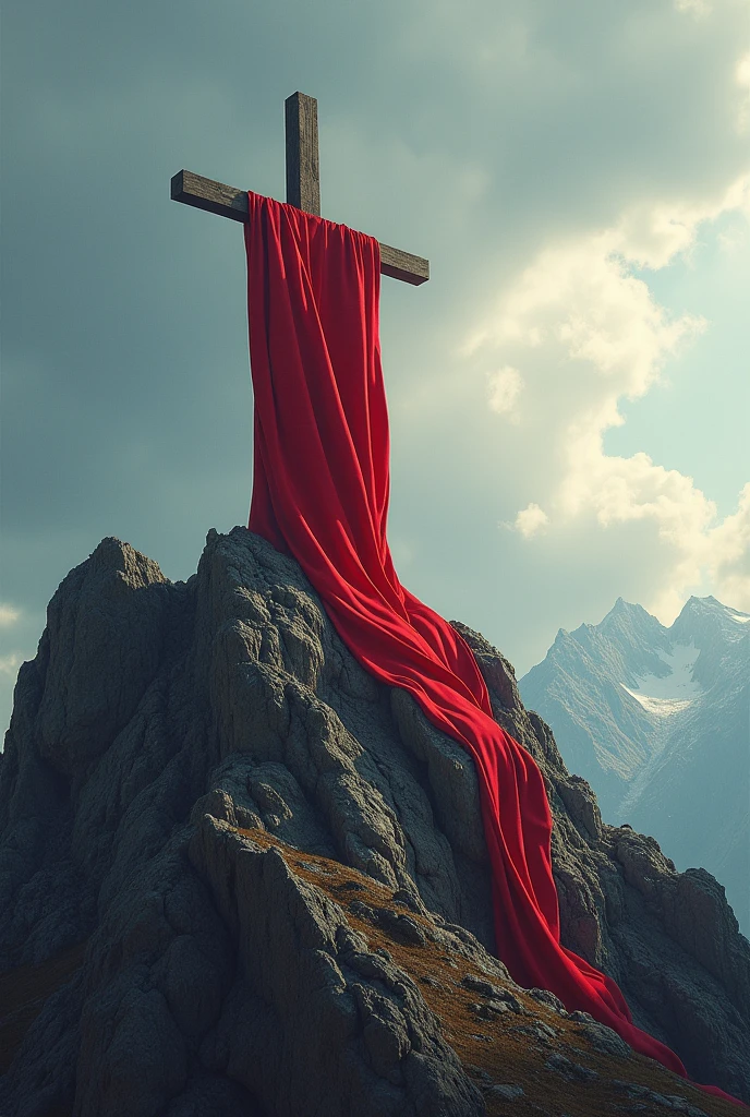 Create a cross, with a red cloth, and write children of the promise in the shadow in pt-br as if we were facing the cross on the mountain