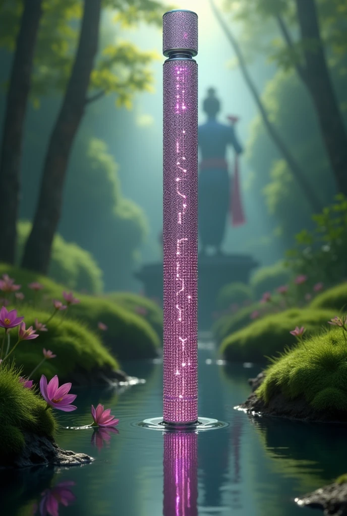 There is a very unique design flute that looks quite unique, and on it, the name 'Harshit' is written in magenta-colored diamond stones. The background is very beautiful, with a faint image of Lord Krishna, a lush green forest, and a small river