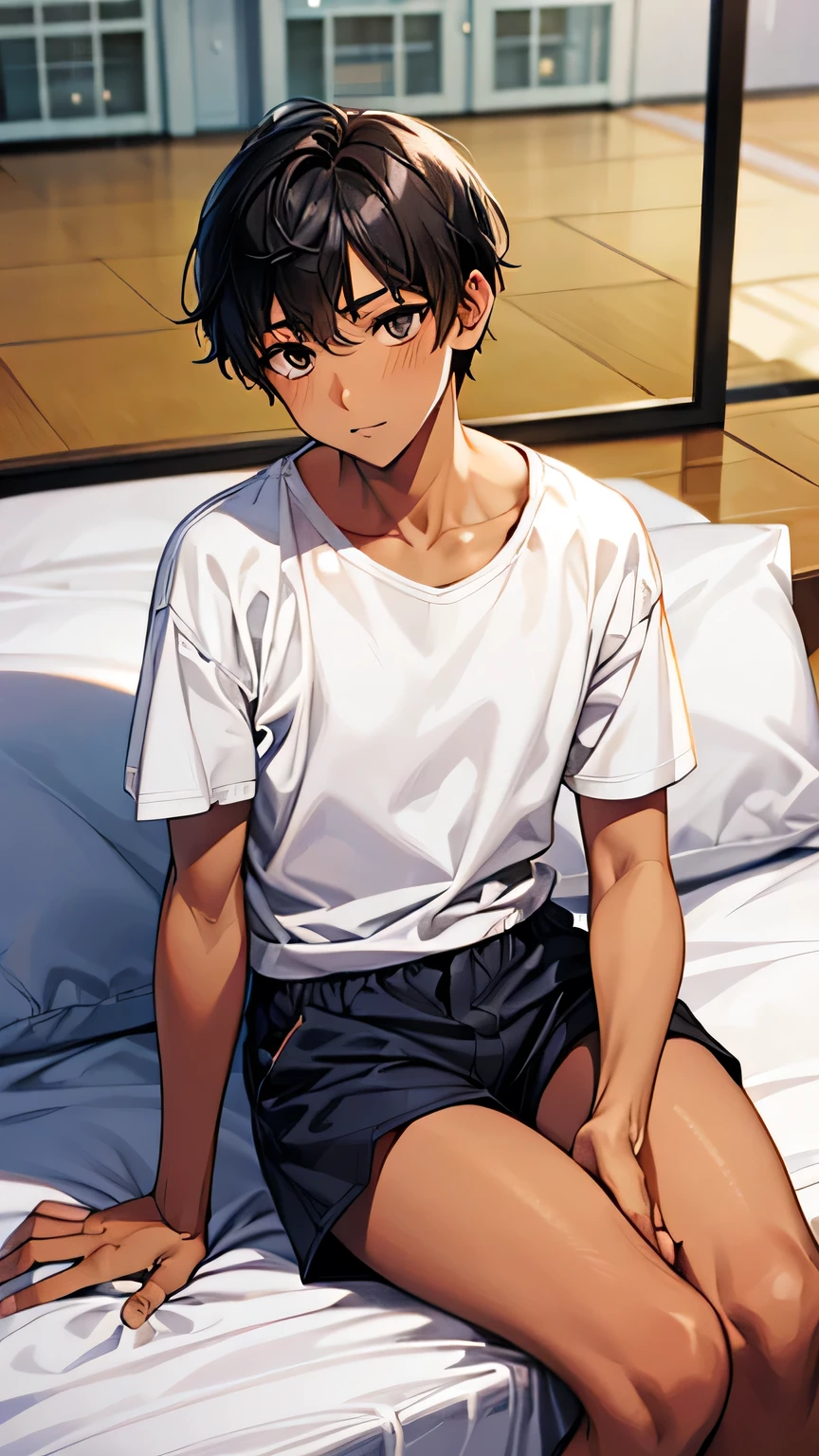 Highest quality、Realistic、、zoom、Primary school students、man、look up、cute、Light grey eyes、Black Hair、short hair、Tanned brown skin、Dark Skin、White short sleeve shirt、Navy blue shorts、Flat Chest、Bust Shot、thin、bed