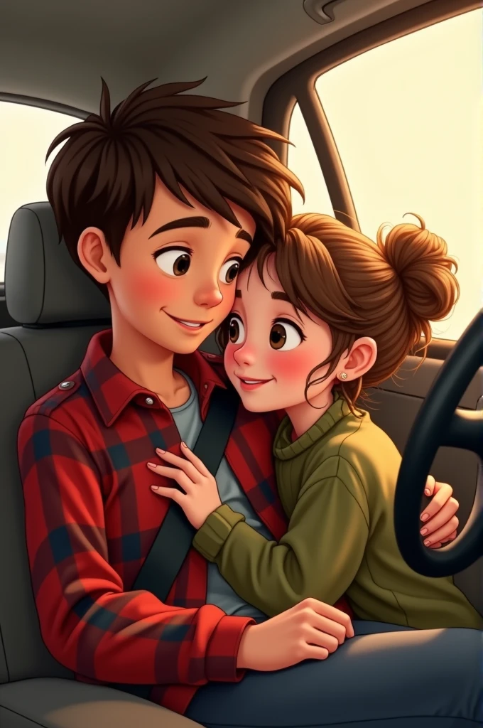 Pixar style image of two people inside a car the boy is sitting wearing a red plaid shirt with navy blue stripes, He has brown hair, white skin and slanted eyes looking at the girl who has her head resting on his lap, She has an olive green sweater and wavy hair, which she has tied up in a bun., She has big eyes and white skin and is also looking at the boy and they are both smiling.