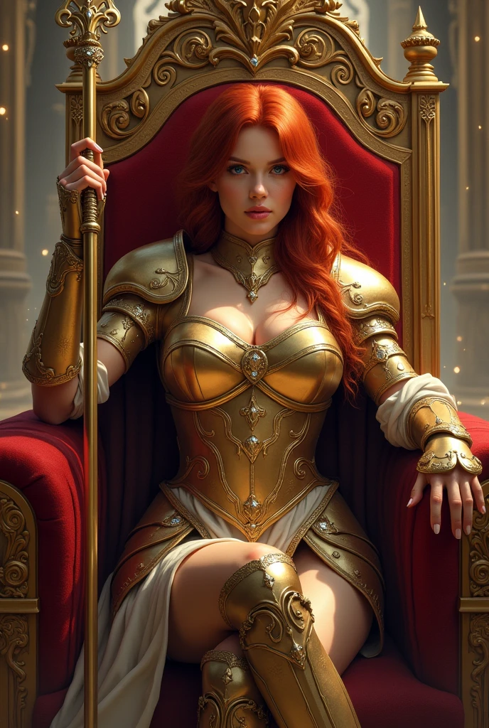 young woman sitting on the queen's gold and diamond throne with sexy gold detailed armor, sitting on the queen's throne, with a spear in her hand, a seductive look, red hair, blue eyes, natural lips, royal castle setting and all subjects on your knees
