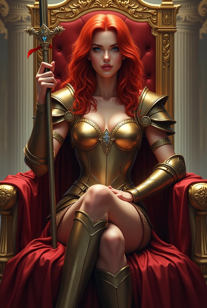young woman sitting on the queen's gold and diamond throne with sexy gold detailed armor, sitting on the queen's throne, with a spear in her hand, a seductive look, red hair, blue eyes, natural lips, royal castle setting and all subjects on your knees