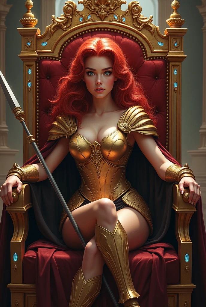 young woman sitting on the queen's gold and diamond throne with sexy gold detailed armor, sitting on the queen's throne, with a spear in her hand, a seductive look, red hair, blue eyes, natural lips, royal castle setting and all subjects on your knees