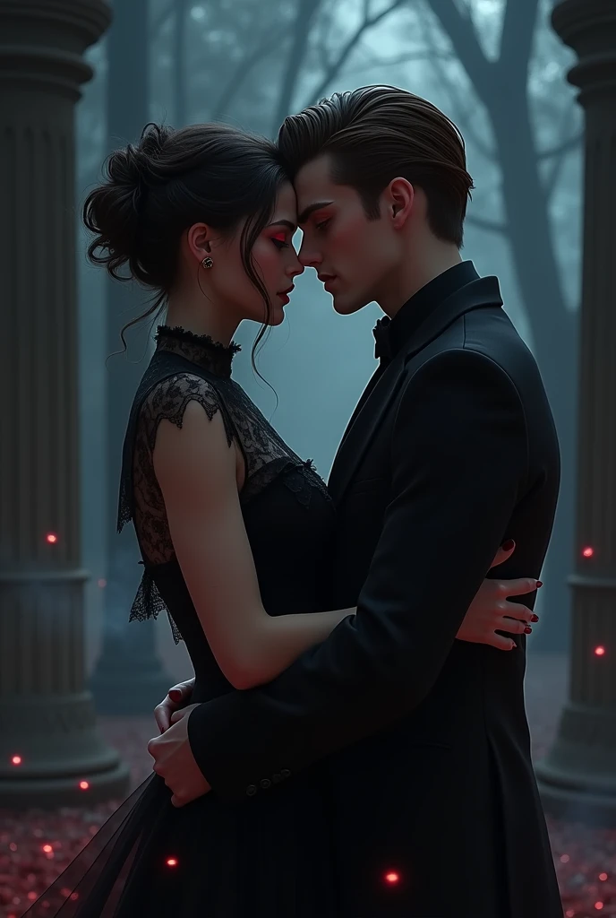 A vampire with a black dress and red eyes . She is accompanied by a vampire with a black suit and brown hair at night and the two are hugging in a romantic mood.