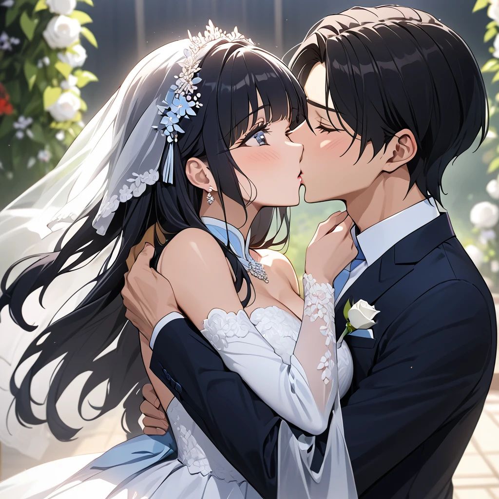((Highest quality)), ((masterpiece)), (detailed), （Perfect Face）、The woman is Aoki Reika, a Korean woman with semi-long hair.、A woman is holding a Korean man and kissing him in a wedding ceremony in Korea.