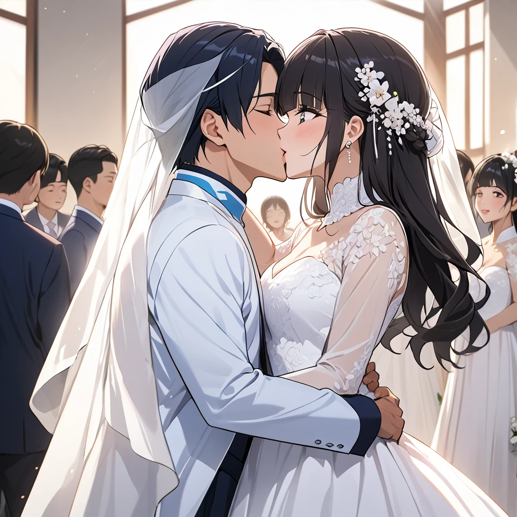 ((Highest quality)), ((masterpiece)), (detailed), （Perfect Face）、The woman is Aoki Reika, a Korean woman with semi-long hair.、A woman is holding a Korean man and kissing him in a wedding ceremony in Korea.