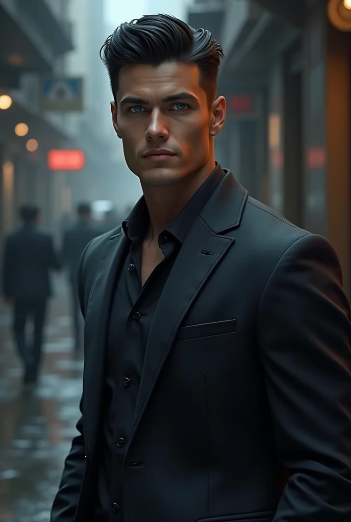 20 year old young man, perfectly combed black hair with blue eyes, dressed as a mobster, powerful, dominant, proud, handsome, sexy. as realistic as possible
