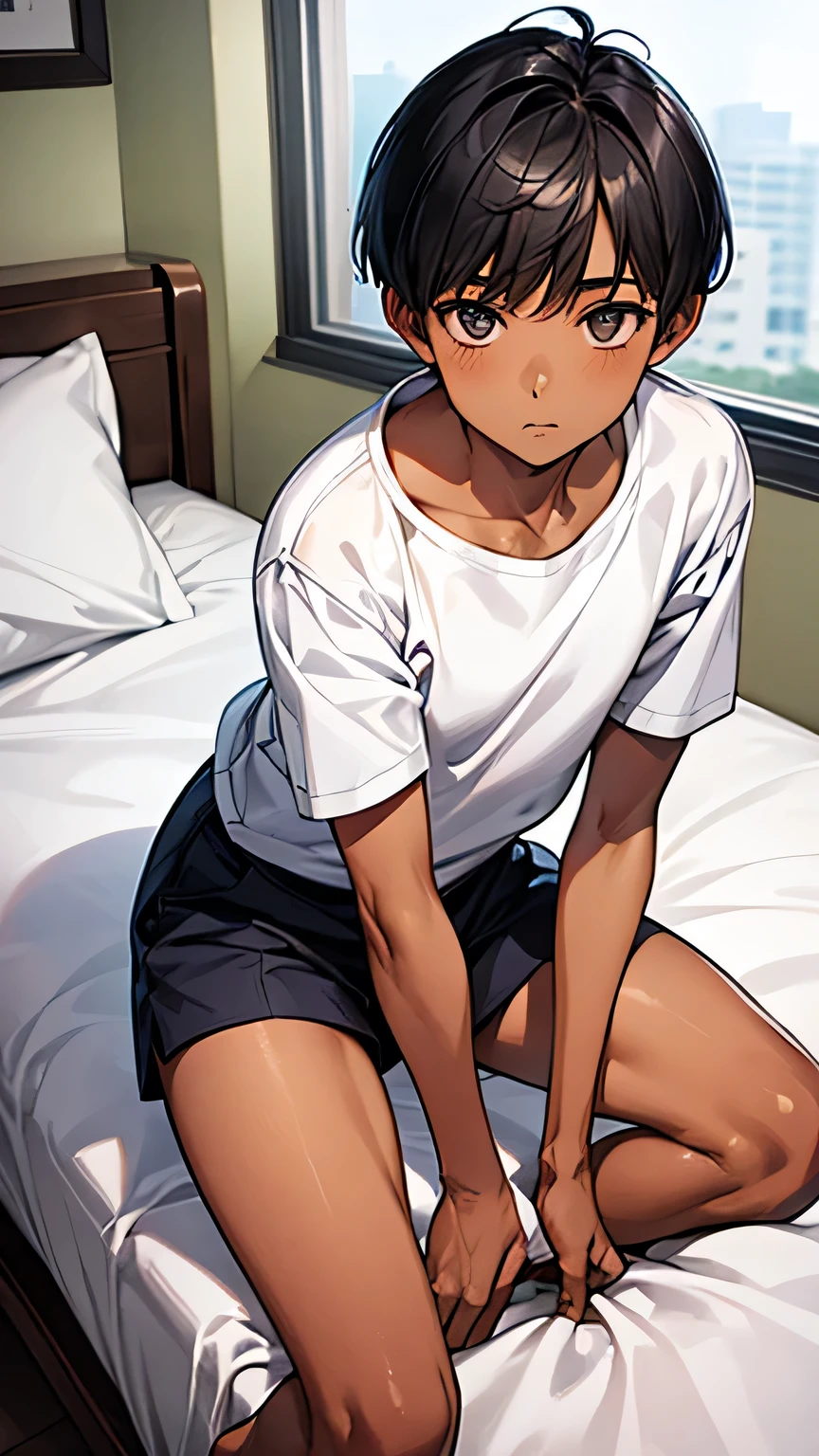 Highest quality、Realistic、、zoom、、man、look up、cute、Light grey eyes、Black Hair、short hair、Tanned brown skin、Dark Skin、White short sleeve shirt、Navy blue shorts、Flat Chest、Bust Shot、thin、bed、Sitting with legs crossed