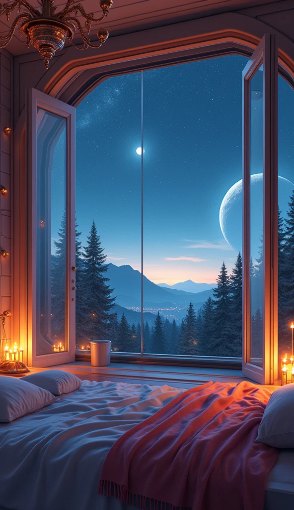 A normal bedroom in night in forest with city view, big window, cozy bedroom, night, great composition, room on an intergalactic space station, orbiting an alien planet, complementary colors, by anime artist, warm lighting, Dan Mumford, film grain, concept art, warm lights, soft velvet blanket, large glass doors overlooking open space, decorative string lights, candles