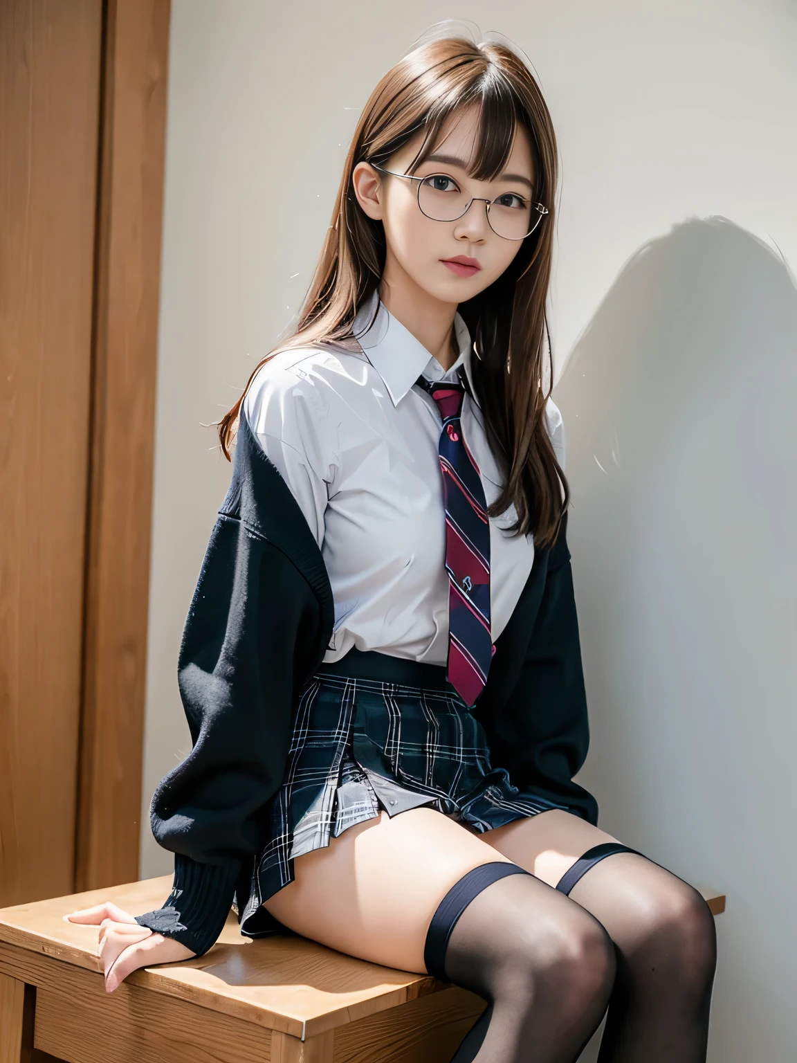 (8k、RAW Photosgraphy、Highest quality、masterpiece:1.2),Staring at the audience,Viewed from the front,strong,erotic,student,Light green Bra,White skin,knees,(Black Pantyhose),absurdes,a small face,small ,Flat Chest,Part the front hair from the middle、The forehead is visible,(Embarrassed,Squinting my eyes,Glare,strong,skinny,Sanding,Rage)、masterpiece,Highest quality、Ultra-high resolution,RAW Photos,Only,Beautiful poop,one person, 独奏,Glasses,,Small Chest,whole body,Round Glasses、cute、Back to Students,JK Uniform,high school girl,Japanese women,standing,(Photorealistic:1.37)、Photon Mapping,Realistic、cute face,Brown eye、Black socks、(Red tie)、Radio City、物理ベースOnlyダリング、prospect、Depth of written boundary、Pink wall、body,Beautiful feet, Long legs, Thin legs,Tie your hair into one strand on your chest,(I can see the front hair), hair, Lips, green_eye, Nose Soft,(Light blue shirt), (Navy plaid pleated skirt), I can see the knees,See-through clothing,, thigh, black cotton socks,Nogizaka Idol, ,smile、sexly、