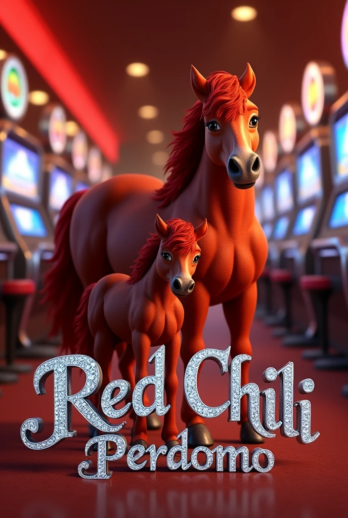 3D animation of a mare and her foal with the name on top " Red Chili Perdomo" with silver letters and diamonds.
Silver slot machines in the background.