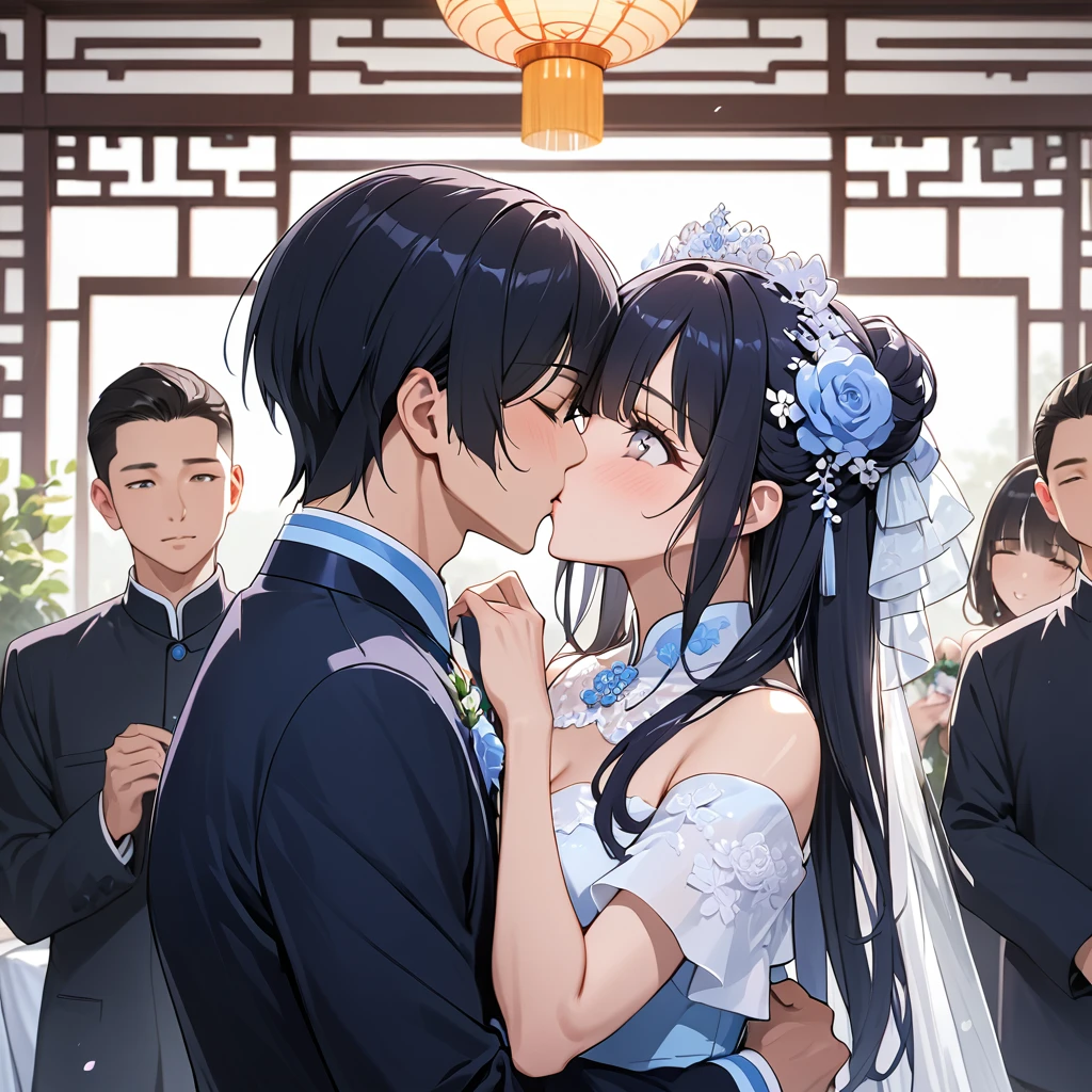 ((Highest quality)), ((masterpiece)), (detailed), （Perfect Face）、The woman is Reika Aoki, a Chinese woman with semi-long hair.、A woman is holding a Chinese man and kissing him in a wedding ceremony in China.