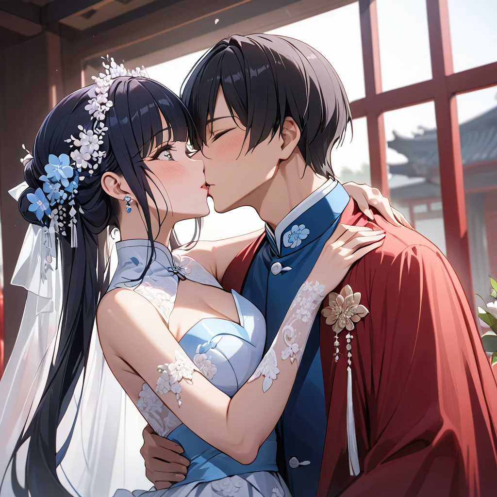 ((Highest quality)), ((masterpiece)), (detailed), （Perfect Face）、The woman is Reika Aoki, a Chinese woman with semi-long hair.、A woman is holding a Chinese man and kissing him in a wedding ceremony in China.