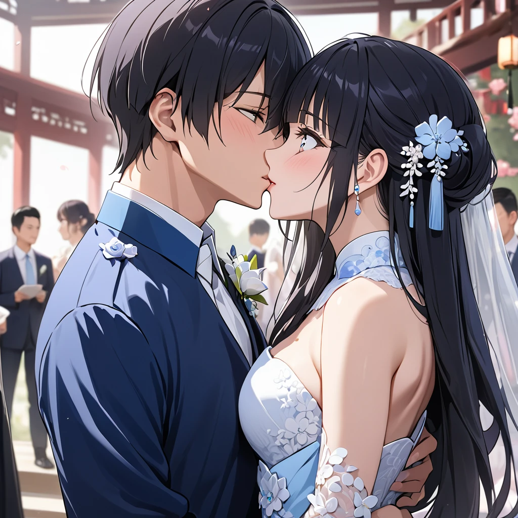 ((Highest quality)), ((masterpiece)), (detailed), （Perfect Face）、The woman is Reika Aoki, a Chinese woman with semi-long hair.、A woman is holding a Chinese man and kissing him in a wedding ceremony in China.