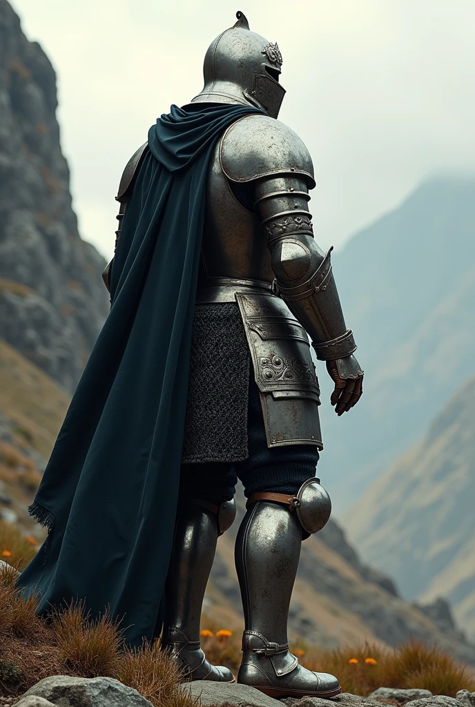 Medieval warrior with his back turned and turning his head (He is wearing a helmet that covers his entire face) On the right, full body image (That includes the legs)