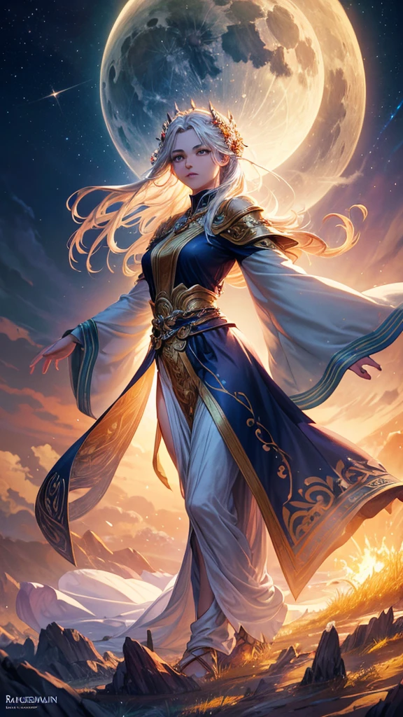 1girl,guardian of heaven and earth,majestic figure,radiating light,serene and wise expression,flowing robes,blending with clouds,lush and fertile ground,glowing orbs,divine presence,calm yet powerful atmosphere,gentle breeze,vast sky,sun and moon,balance of day and night,2k,8k,photorealistic,masterpiece,digital art,concept art,epic,dramatic lighting,intricate details,ethereal,cinematic,glowing,vibrant colors