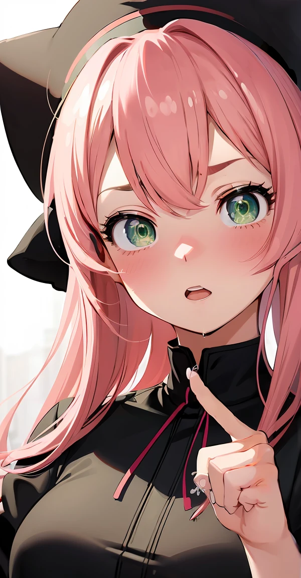 Masseter muscle part, highest quality, 超A high resolution, highest quality, anime style, best lighting, beautiful face, Anime girl with pink hair and green eyes、pointing at something with a surprised expression、wearing a black cat hat、(1 girl:0.992)、(:d:0.583)、(bangs:0.701)、(blush:0.584)、(Veld&#39;s eyes:0.992)、(look at the audience:0.711)、(open your mouth:0.760)、(pink haired:0.917)、(ribbon:0.826)、(short hair:0.571)、(laughter:0.855)、(solo:0.949)、(teeth:0.770)、 ,(spread your legs,she spreads her insides to show her uterus),((arms above head)).,(((Male POV, Normal position, behind, vaginal sex, sex))),(((big thick dick,Large testicles))), 1 naked man, (vagina, sex: 1.5), Kinky full nelson (sex Position), raise your legs, full nelson, (orgasm: 1.5),