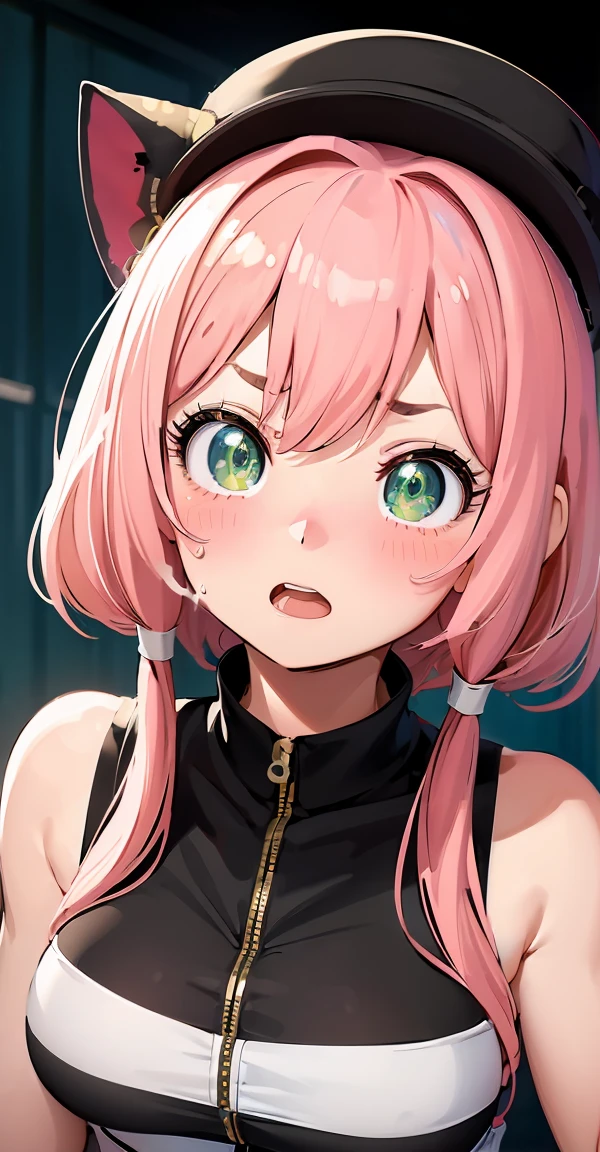 Masseter muscle part, highest quality, 超A high resolution, highest quality, anime style, best lighting, beautiful face, Anime girl with pink hair and green eyes、pointing at something with a surprised expression、wearing a black cat hat、(1 girl:0.992)、(:d:0.583)、(bangs:0.701)、(blush:0.584)、(Veld&#39;s eyes:0.992)、(look at the audience:0.711)、(open your mouth:0.760)、(pink haired:0.917)、(ribbon:0.826)、(short hair:0.571)、(laughter:0.855)、(solo:0.949)、(teeth:0.770)、 ,(spread your legs,she spreads her insides to show her uterus),((arms above head)).,(((Male POV, Normal position, behind, vaginal sex, sex))),(((big thick dick,Large testicles))), 1 naked man, (vagina, sex: 1.5), Kinky full nelson (sex Position), raise your legs, full nelson, (orgasm: 1.5),