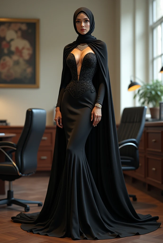 Hijabi women wear glamour long train evening mermaid dress with outer cape, dress have a very long train about 7 meter long, wear sexy corset,tall sexy woman with big breasts, with prominent nipples, model height is 165 cm, wear jewellery, sexy pose in office room