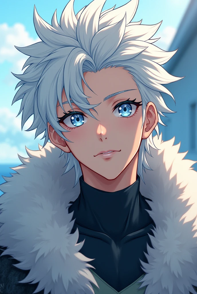 Make A Anime Character with blue eyes perfect jawline And with hair with White Skin he is Male his age around 22 Make him Strong kind in Nature