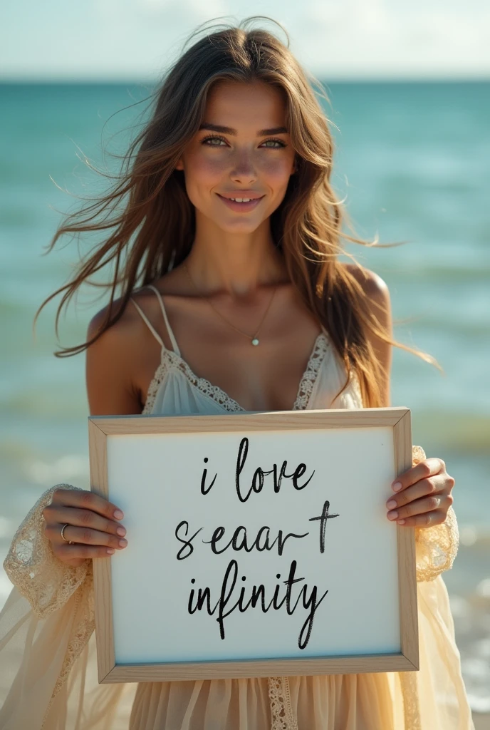 Beautiful girl with wavy long hair, bohemian dress, holding a white board with text "I Love Seaart Infinity" and showing it to the viewer
