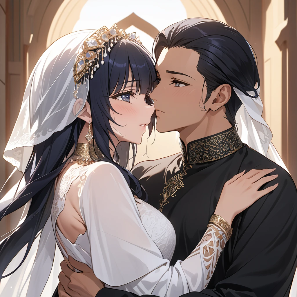 ((highest quality)), ((masterpiece)), (be familiar with), (perfect face、princess、Enchanted body、princess、black hair、straight hair、black eye、crown、necklace、ring、bangles、Caster wheel、pregnancy、naked、Islamic Clothing)、(Oil King、marriage、Arab、Islam、middle-aged man)、marriage式、hug each other、National costume、kiss