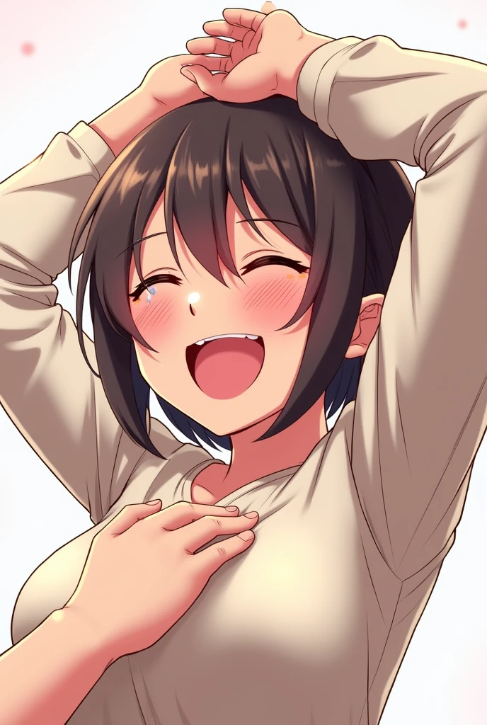 A girl laughing a lot, quite flushed and with watery eyes, with both arms up, receiving tickles in his exposed armpits as the fingertips of 6 hands slide through them. She is wearing a long sleeved t-shirt that has a design with a hole right at the height of the armpits and that allows them to tickle her.