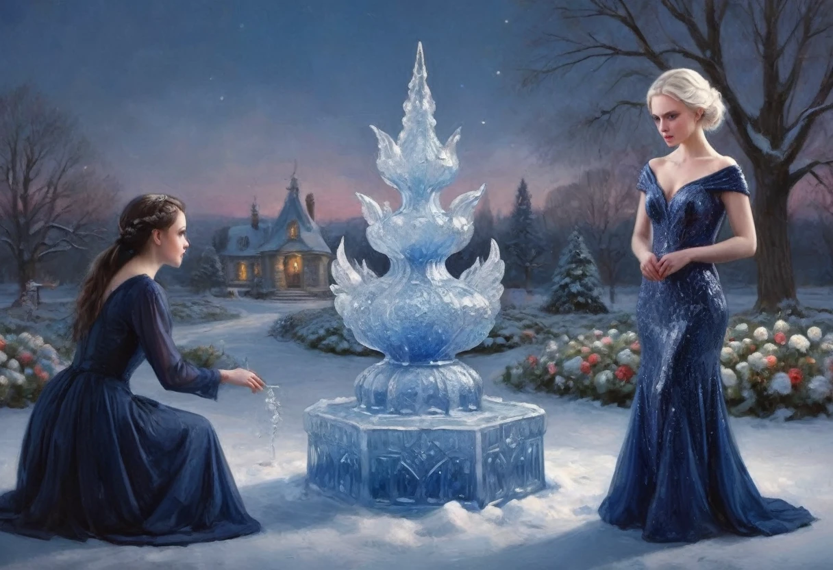 A cute woman with blue skin, deep blue eyes, pointy ears, waist length pale hair, wearing a sapphire sequin sparkling evening gown, inspecting her ice sculpture flower garden in a snow landscape at twilight, masterpiece, highly detailed, photorealistic, 8k, hyperrealistic, intricate details, cinematic lighting, dramatic colors, fantasy, elegant, magical, whimsical, ethereal