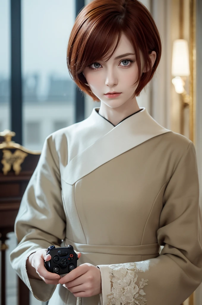 1 person, cold, neutral, strict, Uninterested N expression, Chuunibyou, short hair, strict, noble, Pale skin, Dull colors, Royal Outfits, , Adult face, Sharp N focus, mature, alone, n, Blurred foreground,Red eyes,Redhead,piece,Have a game controller,male,Like,cute,a little short