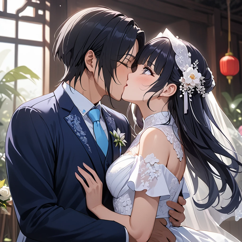 ((Highest quality)), ((masterpiece)), (detailed), （Perfect Face）、The woman is Reika Aoki, a Vietnamese woman with semi-long hair.、A woman is holding a Vietnamese man and kissing him in a wedding ceremony in Vietnam.