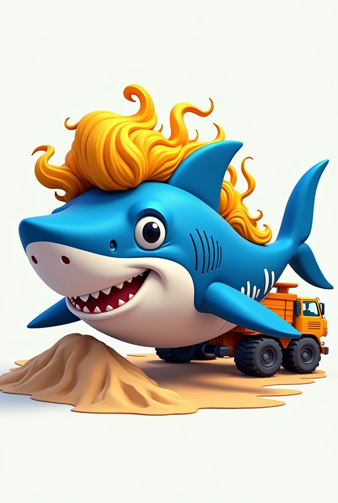 a logo with an animated shark in blue and white colors with curly wavy corn-shaped hair in yellow color near a truck carrying sand
