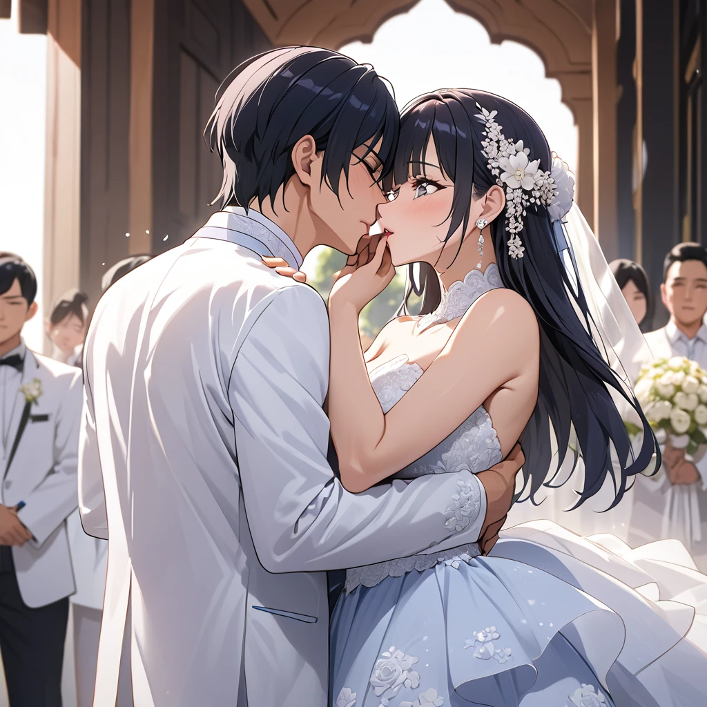 ((Highest quality)), ((masterpiece)), (detailed), (Perfect Face)、The woman is Reika Aoki, a Thai woman with semi-long hair.、A woman is holding a Thai man and kissing him in a wedding ceremony in Thailand.