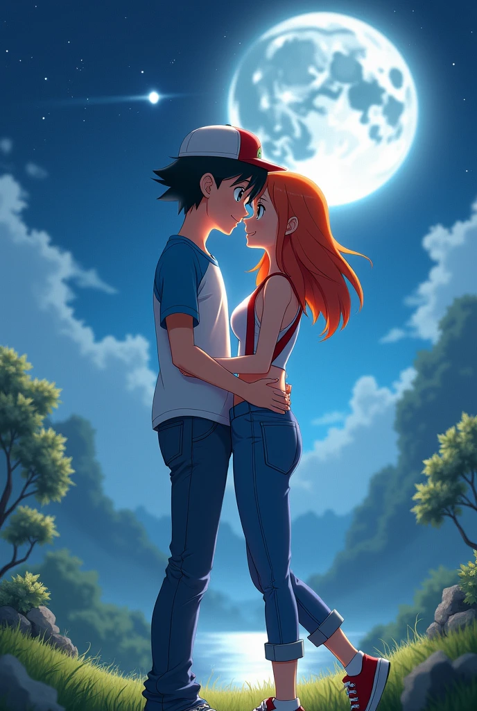 best quality, of romantic couple in amazing and idyllic landscape, romantic atmosphere, featured details; Man ash Ketchum from Pokémon blue and white t-shirt with use Jean, woman
(Misty_Pokemon)(Berry Short,Orange Hair,one side up hair ,Big green eyes,Small breasts,Skinny)
(White sleeveless T-shirt,Belly button exposed,Denim pants,Red suspenders,sneakers)
I can feel the spirit in my eyes., readiant smile, in the light of the moon kissing , anime realistic , star , hugging, beautiful girl, magic moment, 4k , only our , beautiful night, shooting star, smile, smile