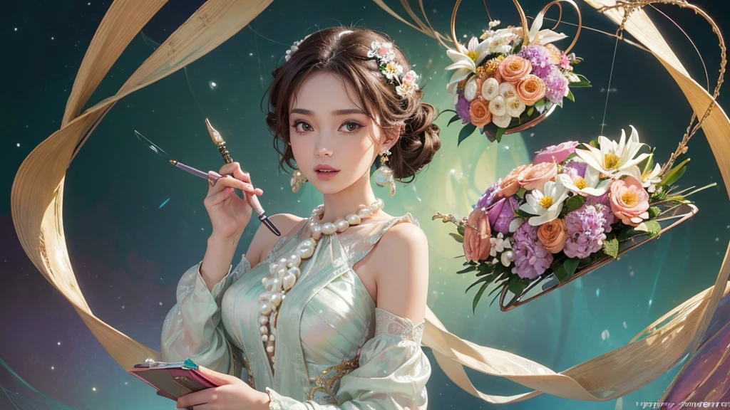32K, 最高quality, 最高masterpiece, (ultra-Detailed Background, Detailed Background), High resolution, Super detailed, Very detailedな, 1 personの, (bouquet:1.3), (Tangled:1.2), (Geometric:1.2),(colorful),(masterpiece, quality, best quality, Official Art, Beautiful and beautiful:1.2), (1 person:1.3), Very detailed,(colorful:1.1)(Flowers:1.3),Most detailed,(Tangled:1.2), whole body, (Abstract background:1.3), (Skin glows), (Many colors:1.4), ,(Earrings Pearl:1.5), Light green background, It's imaginative., Brunette Hair, Updo, Holding a book, Holding a pen, Satin shirt