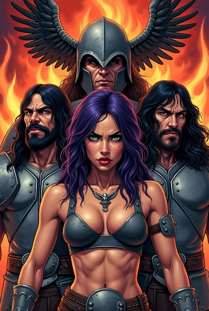 Illustration for a poster to promote a heavy metal band concert, with two barbarian warriors with black hair and eyes and steel armor and an imposing female warrior with an angry expression, ready for battle, with purple hair and green eyes, wearing a necklace with a pendant in the shape of a steel eagle with open wings, between the two warriors, with fire behind them, in the style of 80&#39;s comic books, in the dimensions used for Instagram posts, with the title of the event The Alliance of Metal with the letters in metallic gray with black shadows, in the middle of the poster