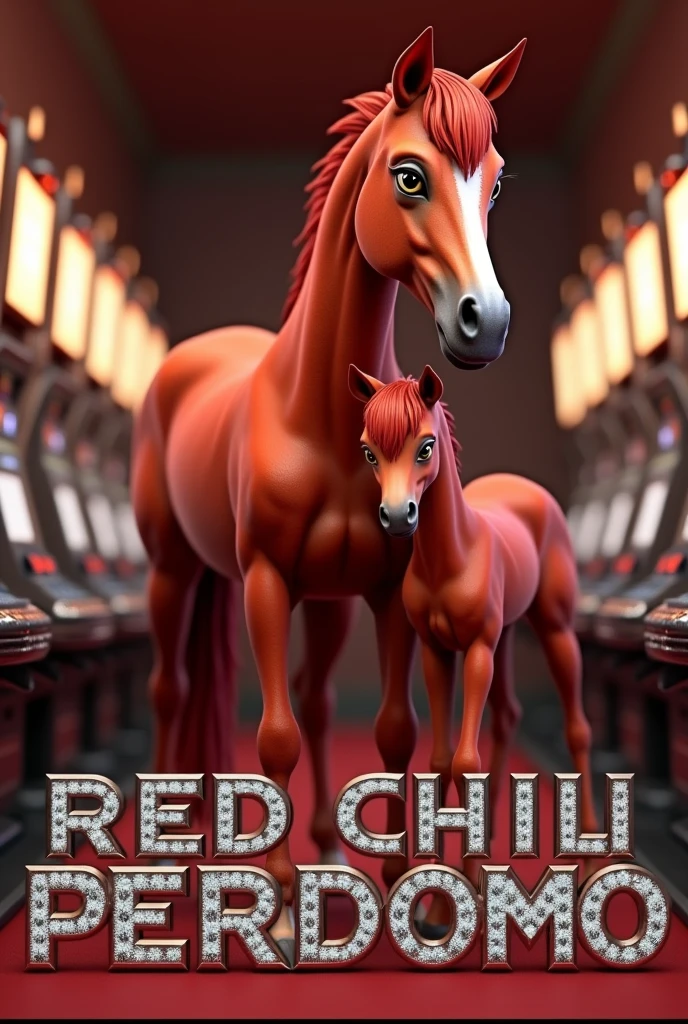 3D animation of a mare and her foal with the name on top " Red Chili Perdomo" with silver letters and diamonds.
Silver slot machines in the background.