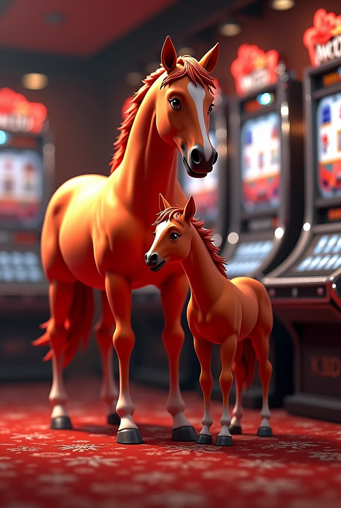 3D animation of a mare and her foal with the name on top " Red Chili Perdomo" with silver letters and diamonds.
Silver slot machines in the background.