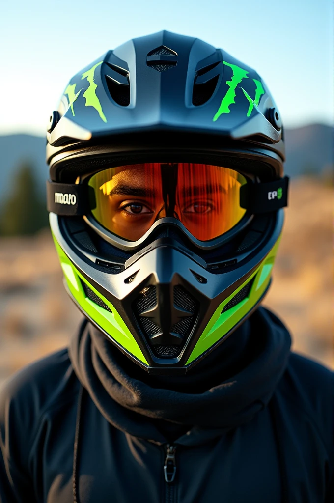 A selfie of a dark-skinned man wearing a black motocross helmet with vibrant green accents, Polarized motocross goggles and a balaclava. The helmet, The glasses completely cover his face and nose.. The scene takes place outdoors, under natural daylight, with an open landscape in the background showing distant trees and hills