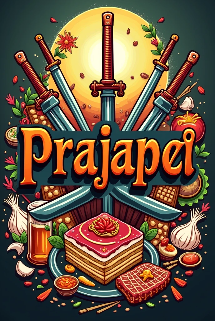 Logo with design references "One piece" for a restaurant with mixed cultures being oriental and Italian culture, cake, noodle italiano, spices, garlic, onion, gingantic, curry, meat, noodle, beer bottle, three swords and written "PraJapa"