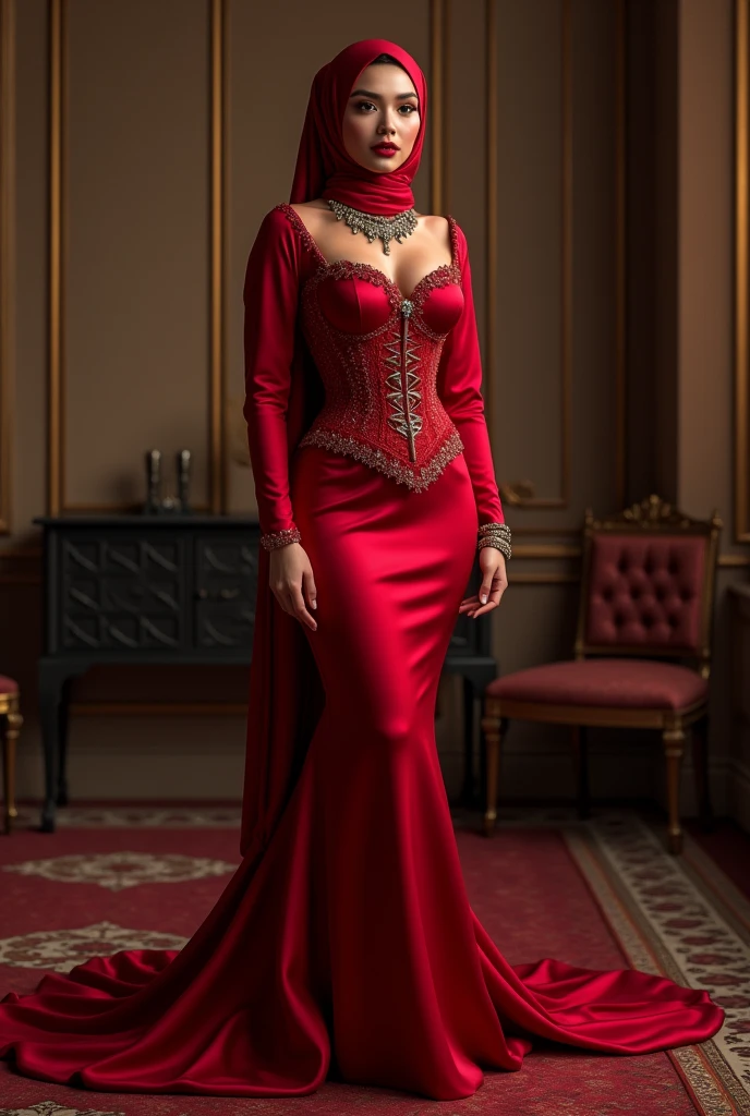 Hijabi women wear red satin glamour long train evening mermaid dress with peplum bolero with puff sleeves, dress have a very long train about 7 meter long, wear sexy corset,tall sexy woman with big breasts, with prominent nipples, model height is 165 cm, wear jewellery, sexy pose in office room