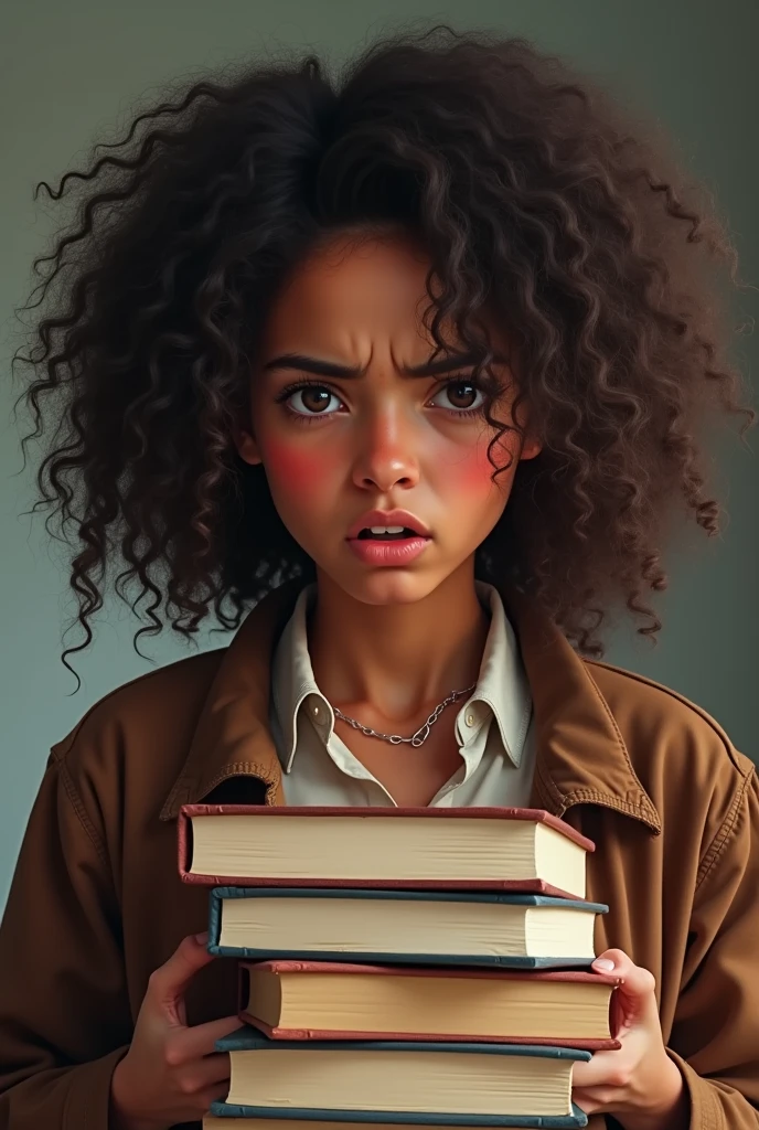 1 woman, indigenous woman with curly brown hair type 4c medium, Round face, full cheeks, eyes browns, in American college clothes, dainty, with an angry look, fearful, with books in your hands