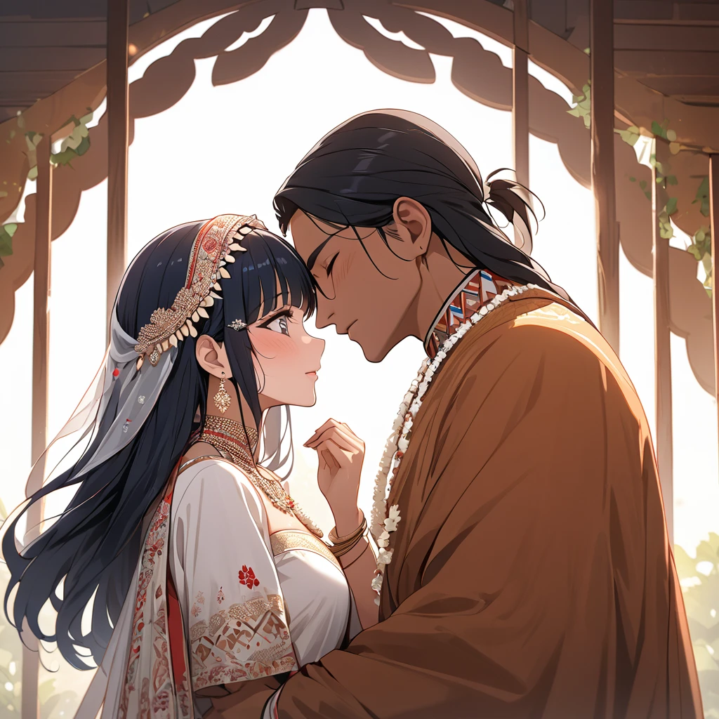 ((Highest quality)), ((masterpiece)), (detailed), (Perfect Face)、The woman is Reika Aoki, with medium-long hair and the appearance of an Indian woman.、A woman is celebrating her wedding with an Indian man on North American Indian land, embracing him and kissing him.