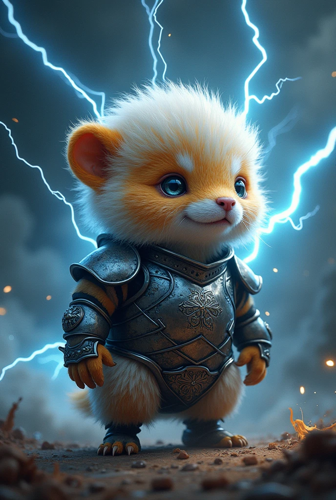 a lemming with lightning coming out of its eyes and around it in armor