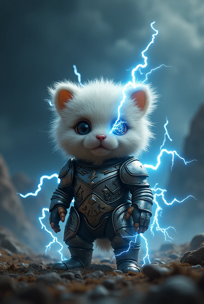 a lemming with lightning coming out of its eyes and around it in armor