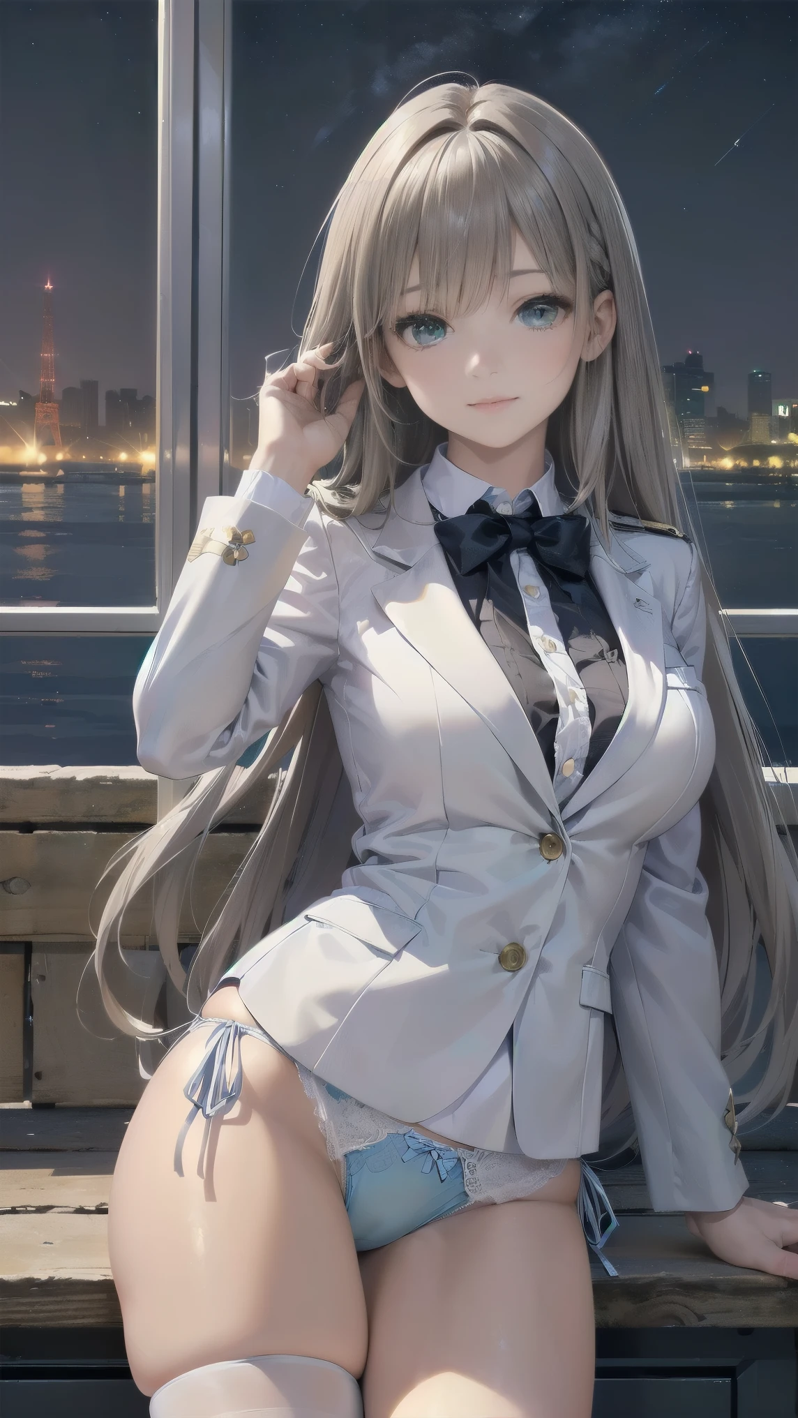 1girl，((Smooth, long brown hair fluttering in the wind，Green Eyes))，((masterpiece，Very realistic，A detailed anime wallpaper:1.4))，((Perfect Anatomy:1.2))，Cute symmetrical face，CG Unity 8k，((White Blazer Uniform，Black tie，pleated micro mini skirt，White thigh-high socks))，8K quality，Extremely sophisticated digital art，((Looking to the side and touching her hair with one hand:1.35))，Perfect cute girl，Staring at the camera with a gentle gaze，A soothing smile，Very large breasts，Extremely detailed hair and face，Artistic pastel art，A pier with a beautiful night view of the big city，Fresh breeze，Professional Lighting，Supermodel，((Light blue lace side tie panties:1.08))